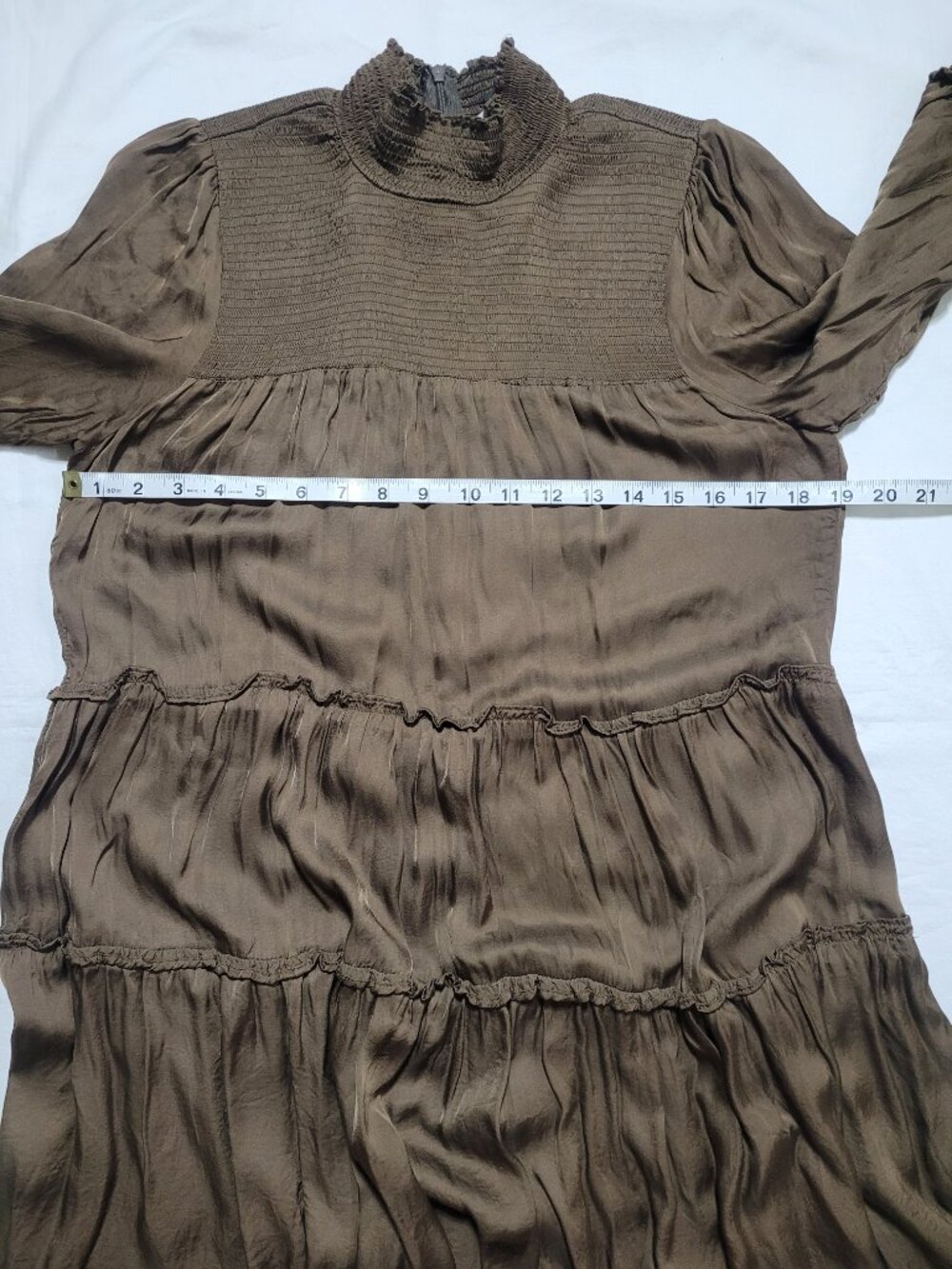 Olivaceous Long Sleeve Tiered Smocked Mini Dress Brown Medium Babydoll Boho - Picture 4 of 10